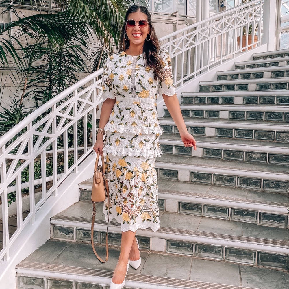 Yellow Floral Lace Midi Dress